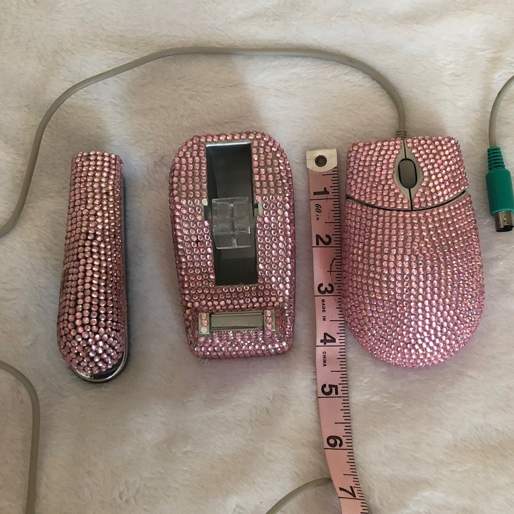 Pink Rhinestone Computer Mouse, tape & stapler 3pc set! Vintage! - Picture 8 of 12